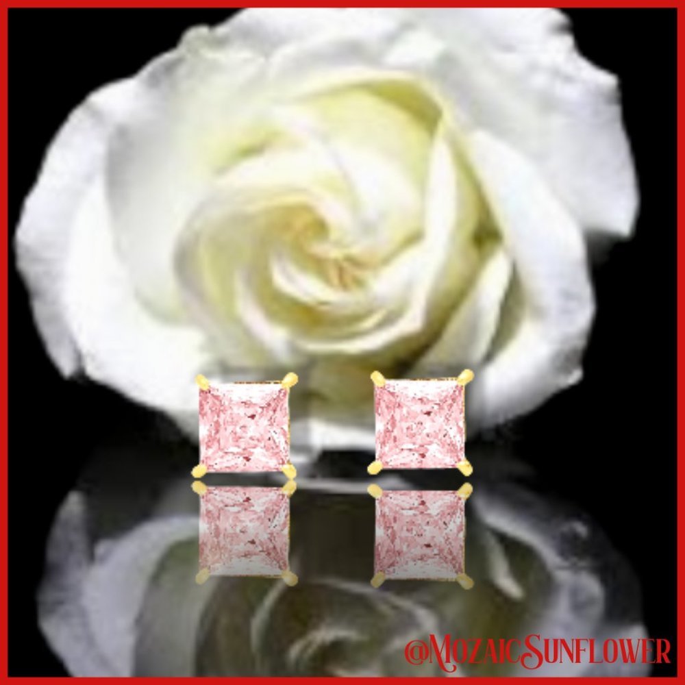 Gold & Stainless Steel AAAA+ 7cm Pink Princess Cut Screw Post Earrings - Picture 3 of 6